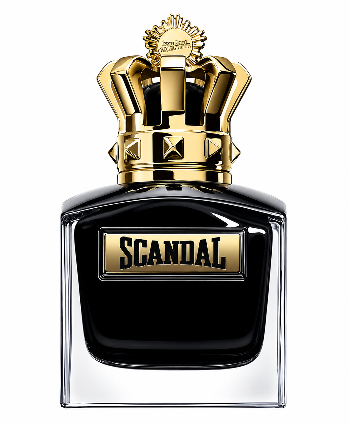 Jean Paul Gaultier Scandal Absolu Pour Homme Parfum bottle with black lacquered glass and iconic gold crown cap.