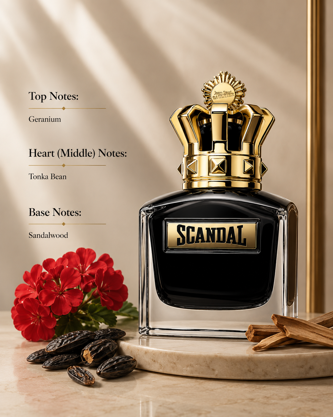 Jean Paul Gaultier Scandal Absolu Pour Homme Parfum with fragrance notes of geranium, tonka bean and sandalwood.