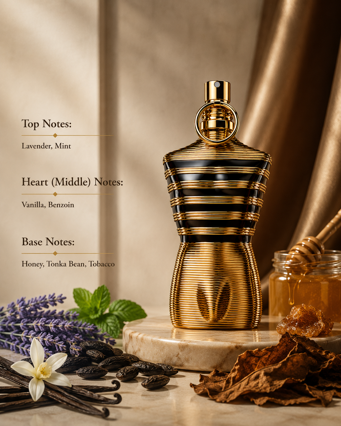 Jean Paul Gaultier Le Male Elixir Parfum with fragrance notes of lavender, mint, vanilla, benzoin, honey, tonka bean and tobacco.