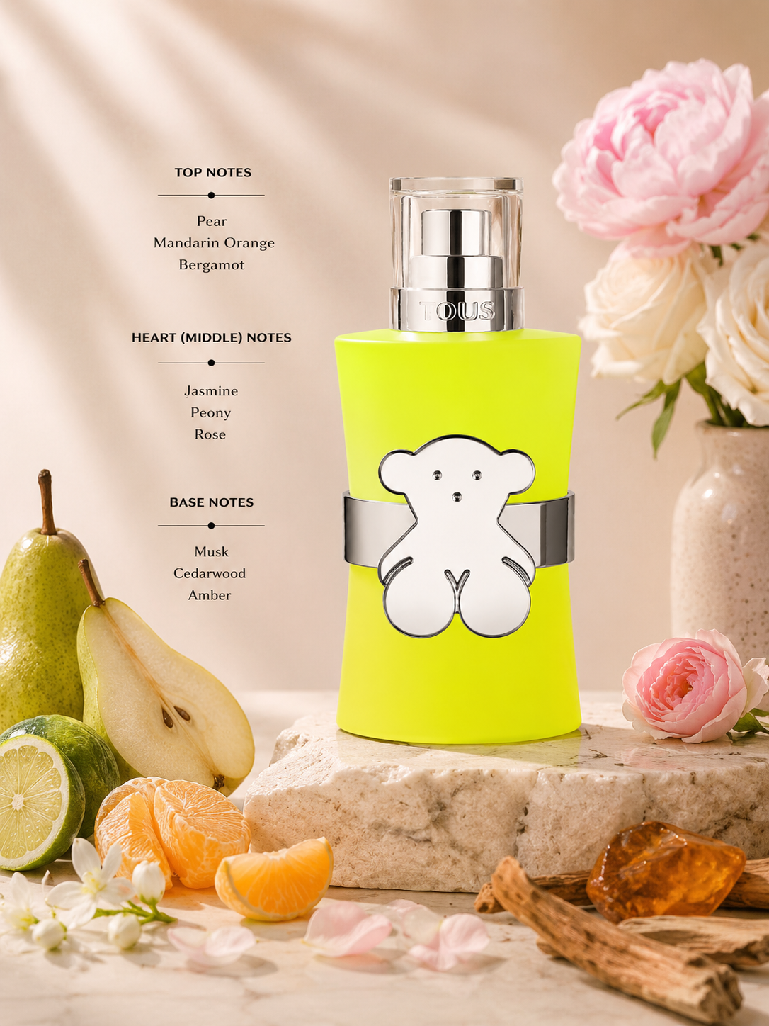 Tous Man Chill Eau de Toilette displayed with pear, mandarin orange, jasmine, and cedarwood accents. Notes shown:
Top: Pear, Mandarin Orange, Bergamot
Heart: Jasmine, Peony, Rose
Base: Musk, Cedarwood, Amber
A fresh fruity-floral composition with soft woody undertones, presented in a vibrant neon-yellow bottle featuring the iconic Tous bear emblem.