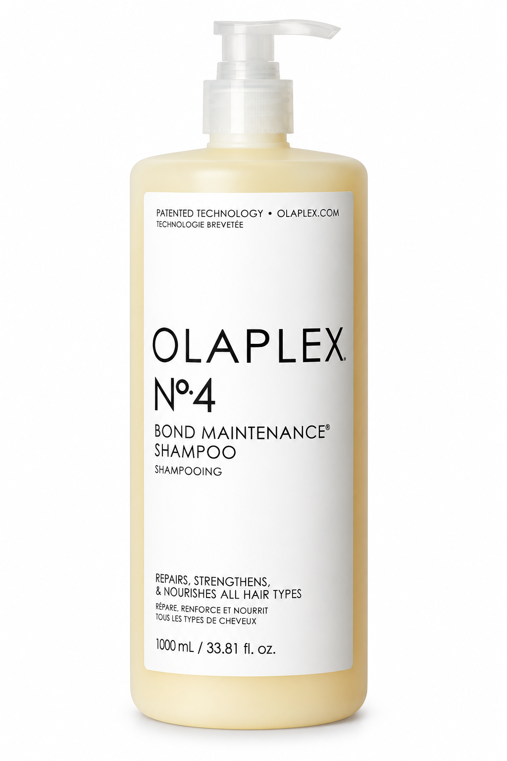 OLAPLEX No.4 Bond Maintenance Shampoo 1000ml professional-size bottle, a strengthening and nourishing shampoo formulated to cleanse, repair and support healthier-looking hair for all hair types.