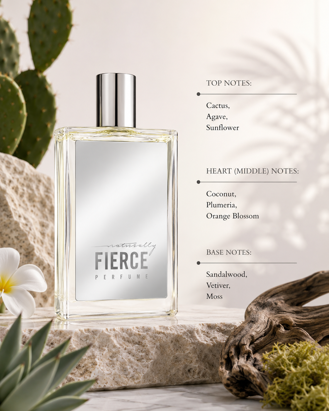 Abercrombie & Fitch Naturally Fierce 100ml Perfume for Women displayed with cactus, coconut, orange blossom, sandalwood and vetiver, highlighting its fresh floral woody fragrance.