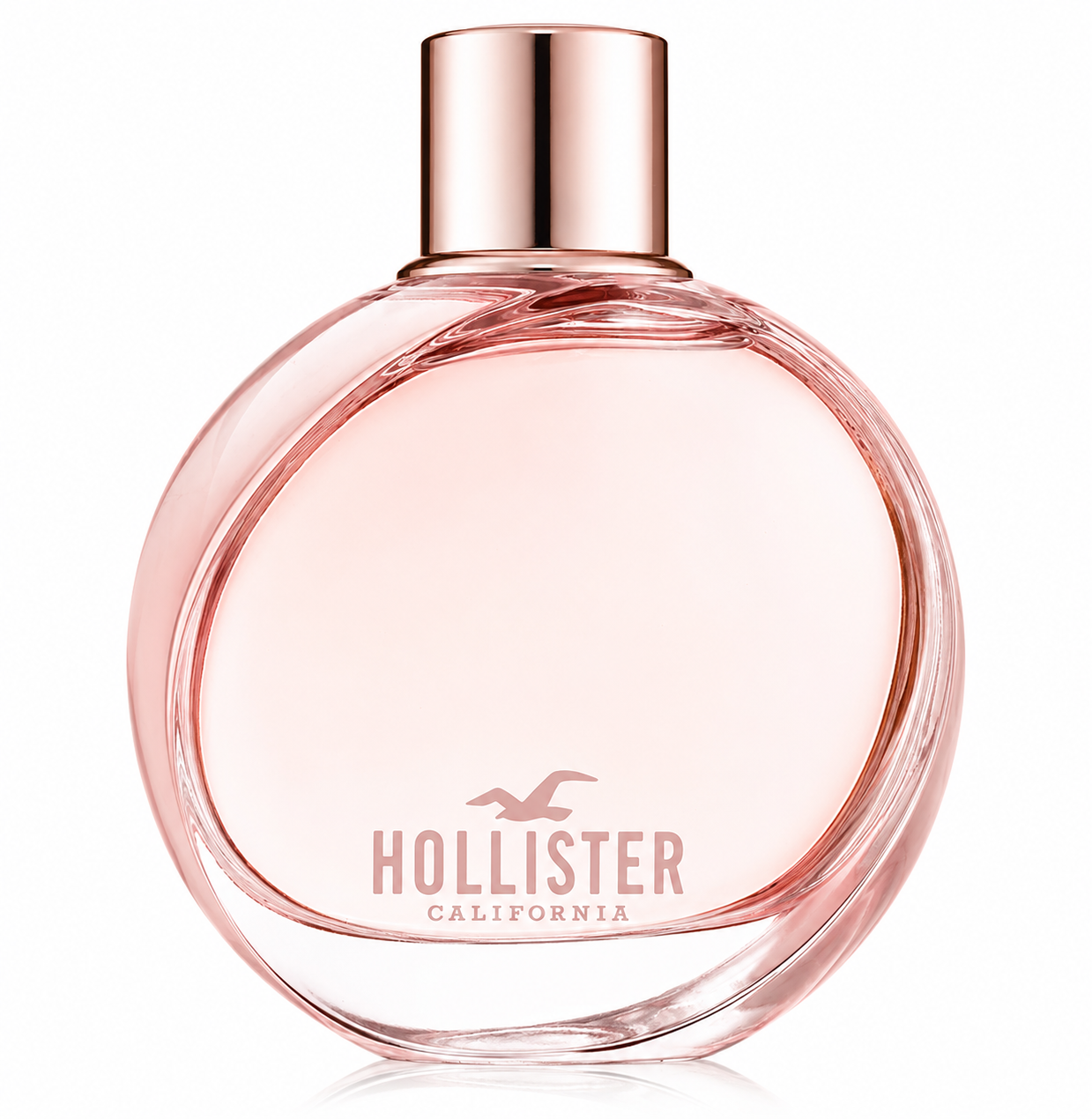 Hollister Wave for Her 100ml Eau de Parfum in a soft blush-pink round glass bottle with a rose gold cap, isolated on a pure white background, highlighting its fresh and feminine design.