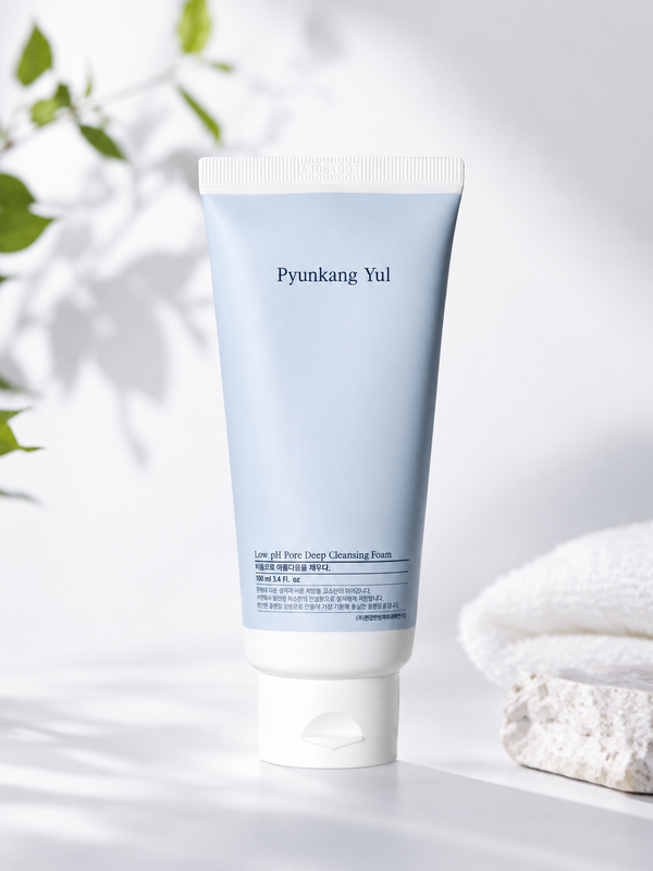 Pyunkang Yul Low pH Pore Deep Cleansing Foam in a bright minimalist skincare setting