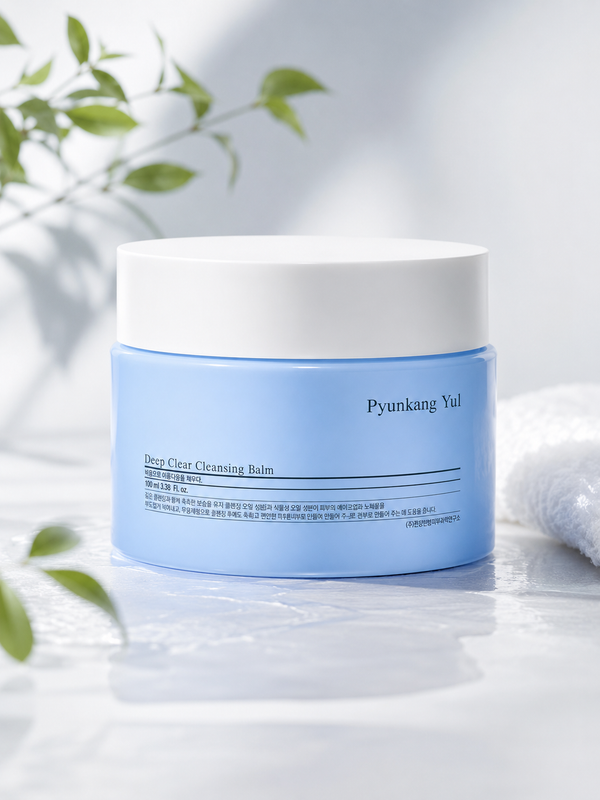 Pyunkang Yul Deep Clear Cleansing Balm in an elegant blue skincare setting with green leaves