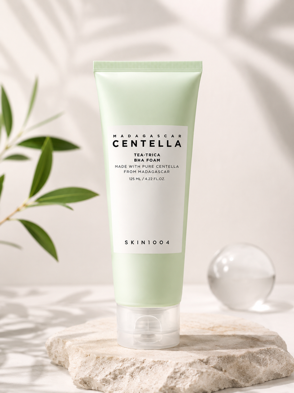 SKIN1004 Madagascar Centella Tea-Trica BHA Foam displayed on stone with green leaves