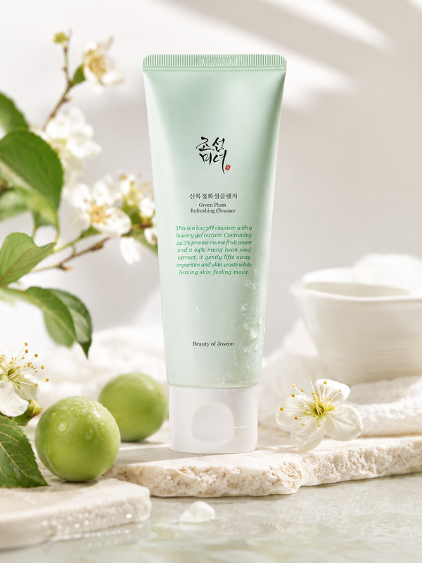 Beauty of Joseon Green Plum Refreshing Cleanser surrounded by green plums and delicate white flowers