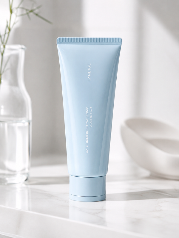 Laneige Water Bank Blue Hyaluronic Cleansing Foam displayed on a bright marble bathroom surface