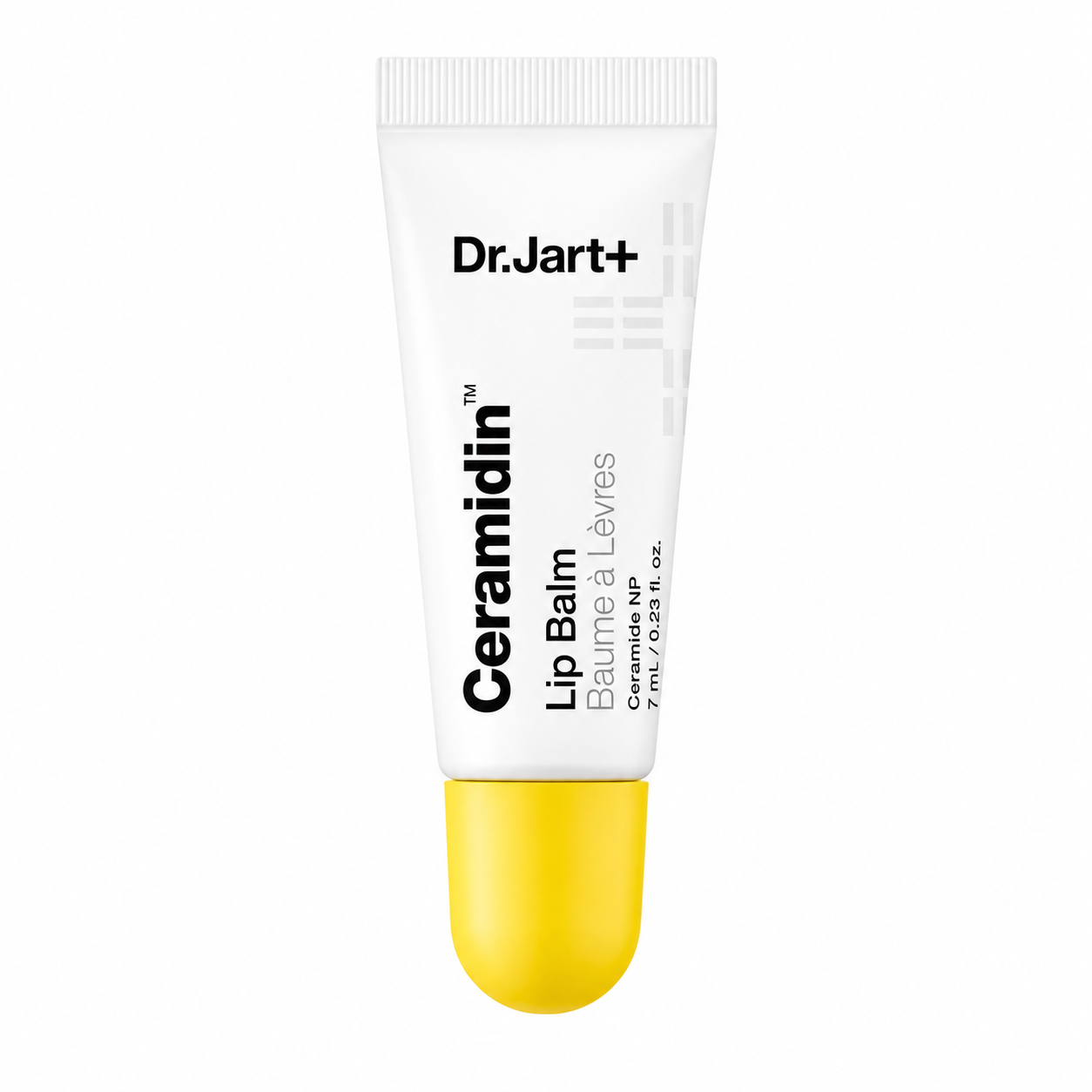 Dr.Jart+ Ceramidin Lip Balm 7ml in a sleek white tube with a signature yellow cap on a pure white background, showcasing a nourishing lip balm formulated with Ceramide NP to deeply hydrate, strengthen the skin barrier, soothe dry, chapped lips and provide long-lasting comfort with a smooth, non-sticky finish.
