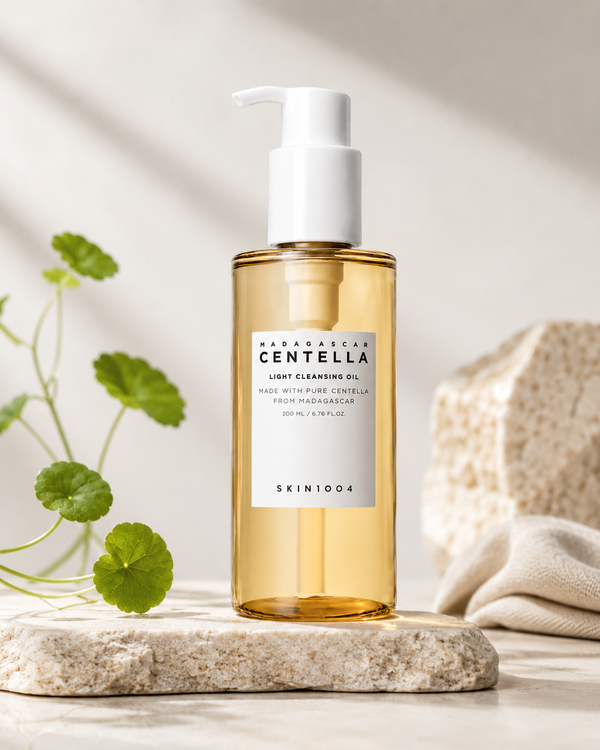 SKIN1004 Madagascar Centella Light Cleansing Oil in a calm neutral skincare setting