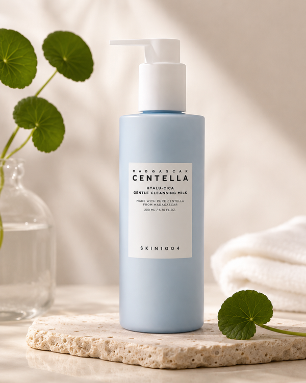 SKIN1004 Madagascar Centella Hyalu-Cica Gentle Cleansing Milk in a soft hydrating skincare setting