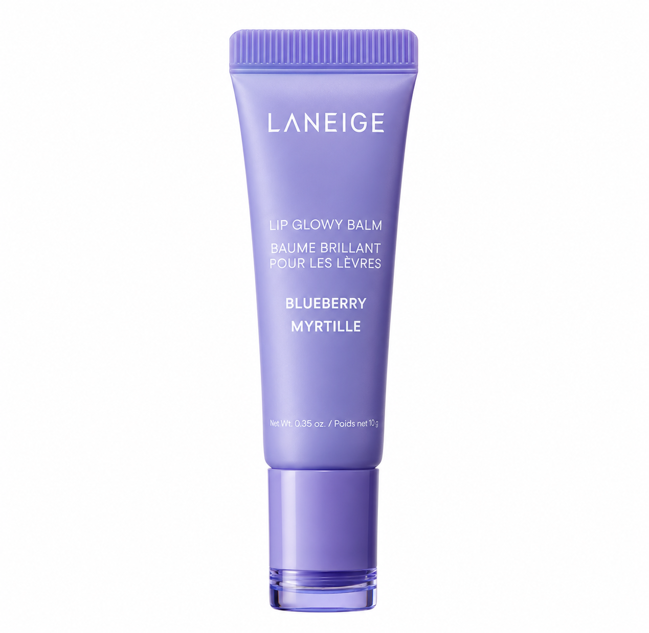 Laneige Lip Glowy Balm Blueberry in a sleek lavender squeeze tube, isolated on a clean white background. This lightweight Korean lip balm delivers long-lasting hydration, a glossy finish, and nourishing care, helping keep lips soft, smooth, and moisturized with a delicious blueberry-inspired scent.