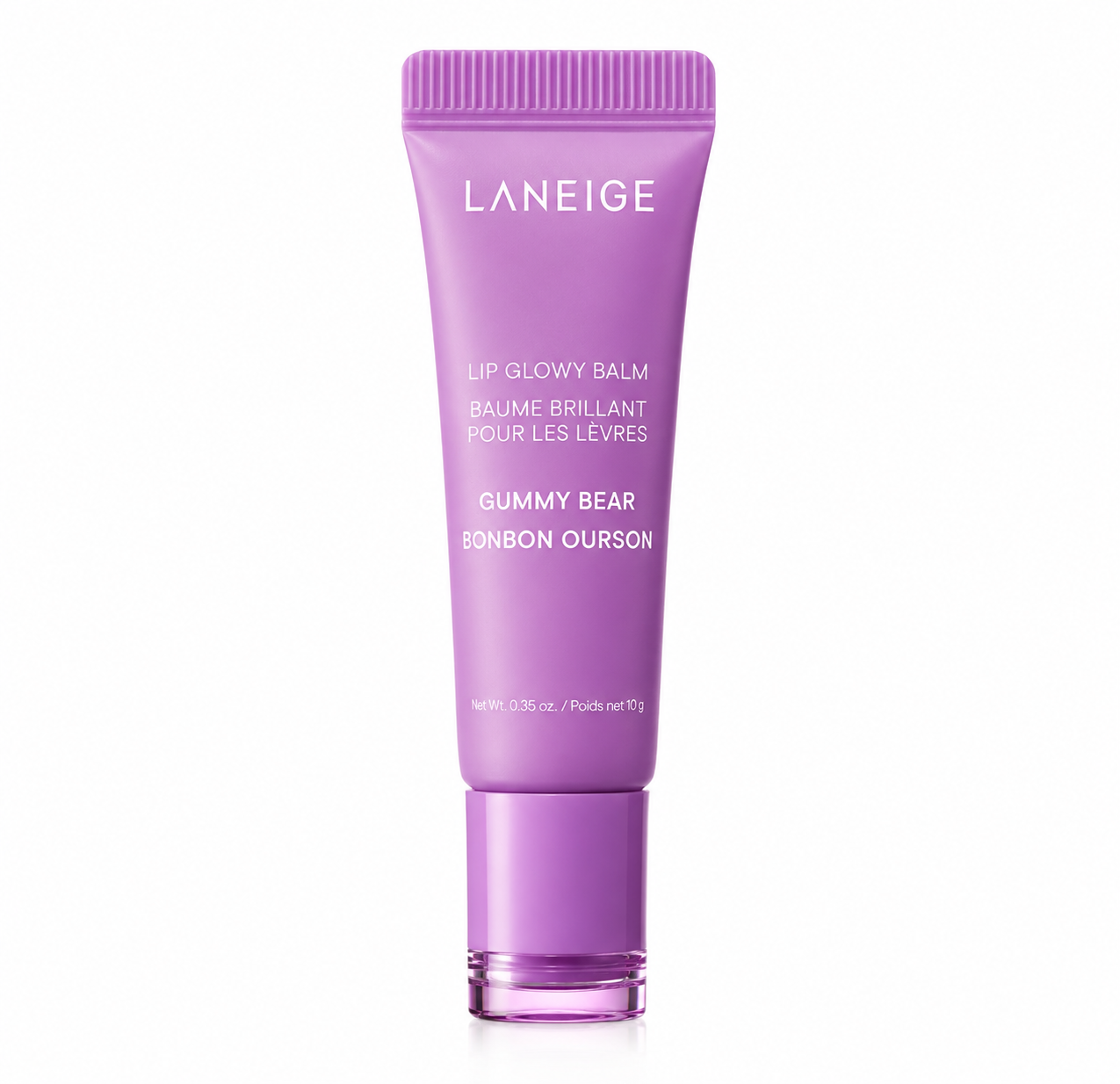 Laneige Lip Glowy Balm Gummy Bear in a vibrant purple squeeze tube, isolated on a clean white background. This lightweight Korean lip balm provides long-lasting hydration, a glossy finish, and nourishing care, leaving lips soft, smooth, moisturized, and delicately scented with a sweet gummy bear-inspired fragrance.