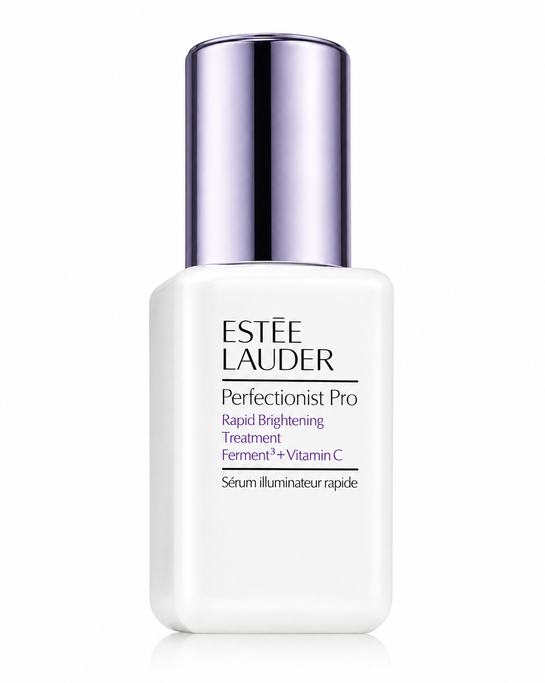 Estée Lauder Perfectionist Pro Rapid Brightening Treatment Ferment³ + Vitamin C presented in an elegant frosted white glass bottle with minimalist black typography, refined lavender-purple product lettering, and a luxurious reflective metallic lavender cap. Displayed upright on a flawless pure white background with premium studio lighting, crystal-clear reflections, soft natural shadows, and exceptional detail that highlights the smooth frosted finish and sophisticated luxury skincare design.