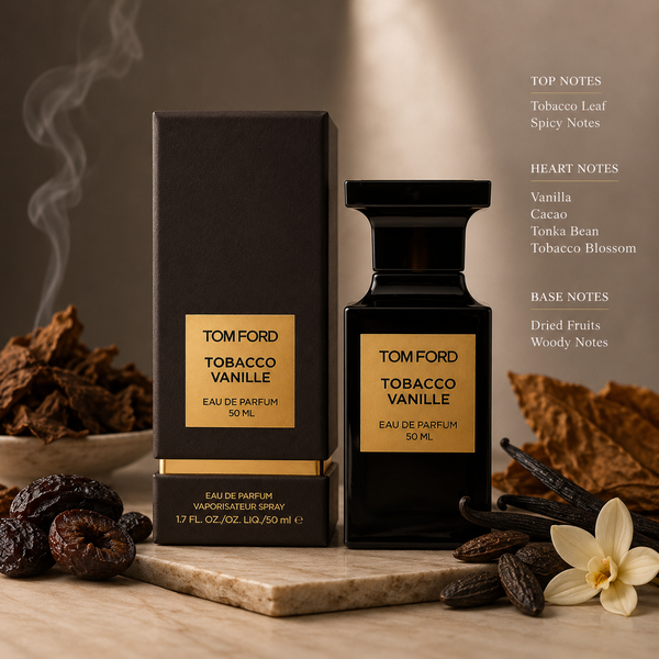Tom Ford Tobacco Vanille with tobacco leaf, spices, vanilla, cacao, tonka bean and woody notes