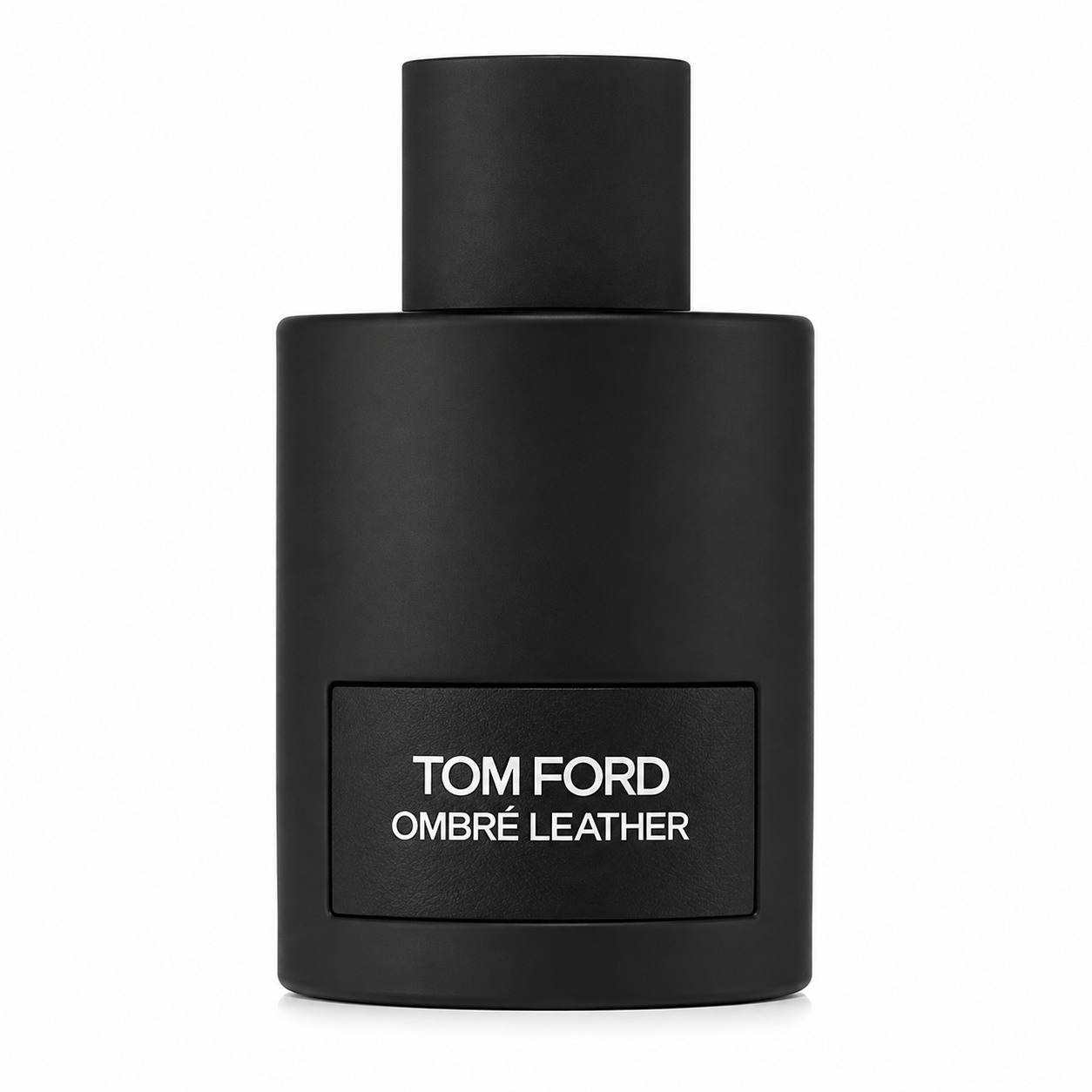 Tom Ford Ombre Leather Eau de Parfum bottle in its signature matte black design with embossed front plaque, isolated on a pristine white background, highlighting the minimalist luxury aesthetic and premium craftsmanship.