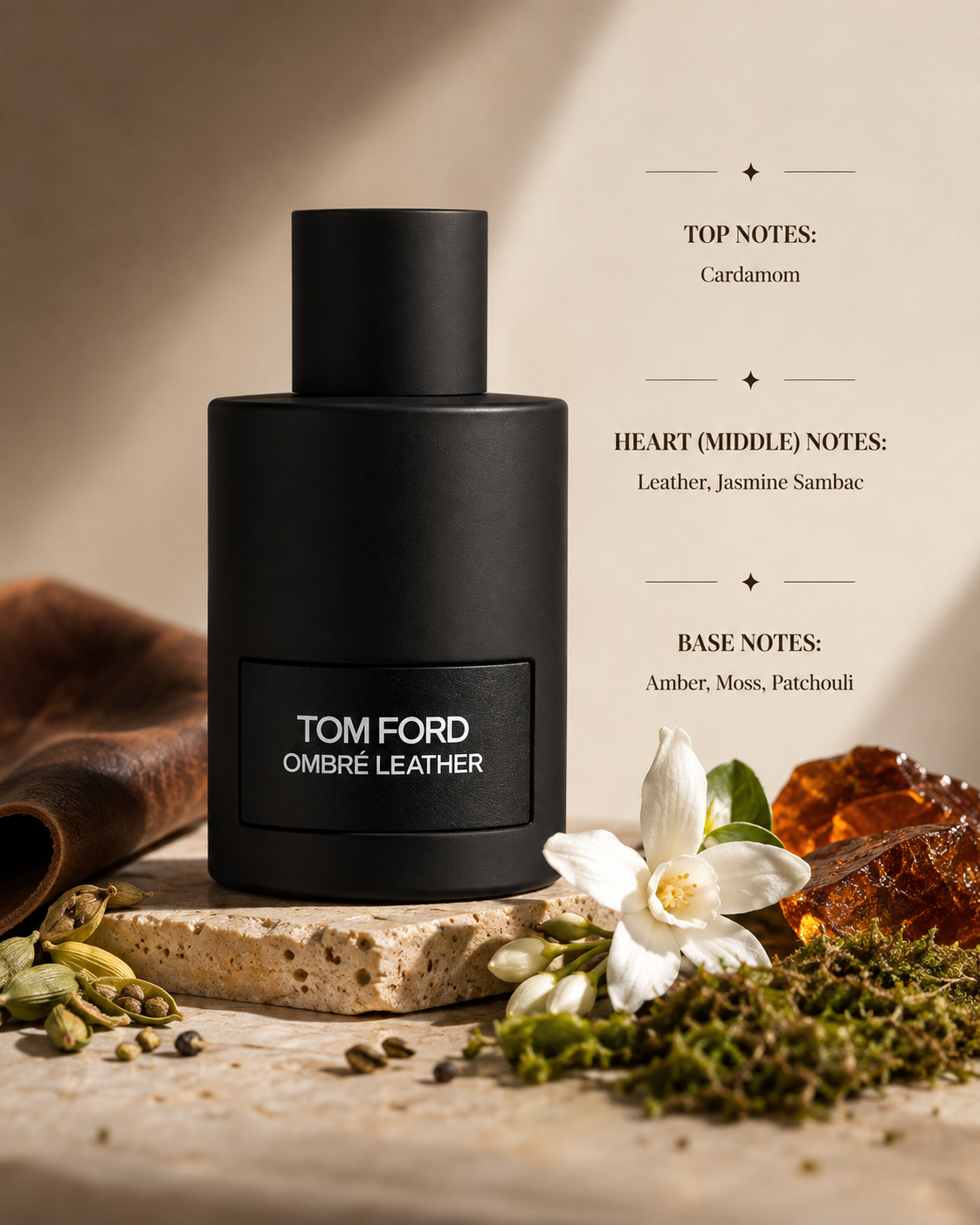 Tom Ford Ombre Leather Eau de Parfum displayed in an elegant luxury composition on a natural stone pedestal, surrounded by rich leather, green cardamom pods, white jasmine sambac blossoms, golden amber resin, earthy oakmoss and patchouli leaves under warm natural light, creating a sophisticated atmosphere that perfectly reflects the fragrance's spicy opening, sensual leather heart and deep woody-amber base.