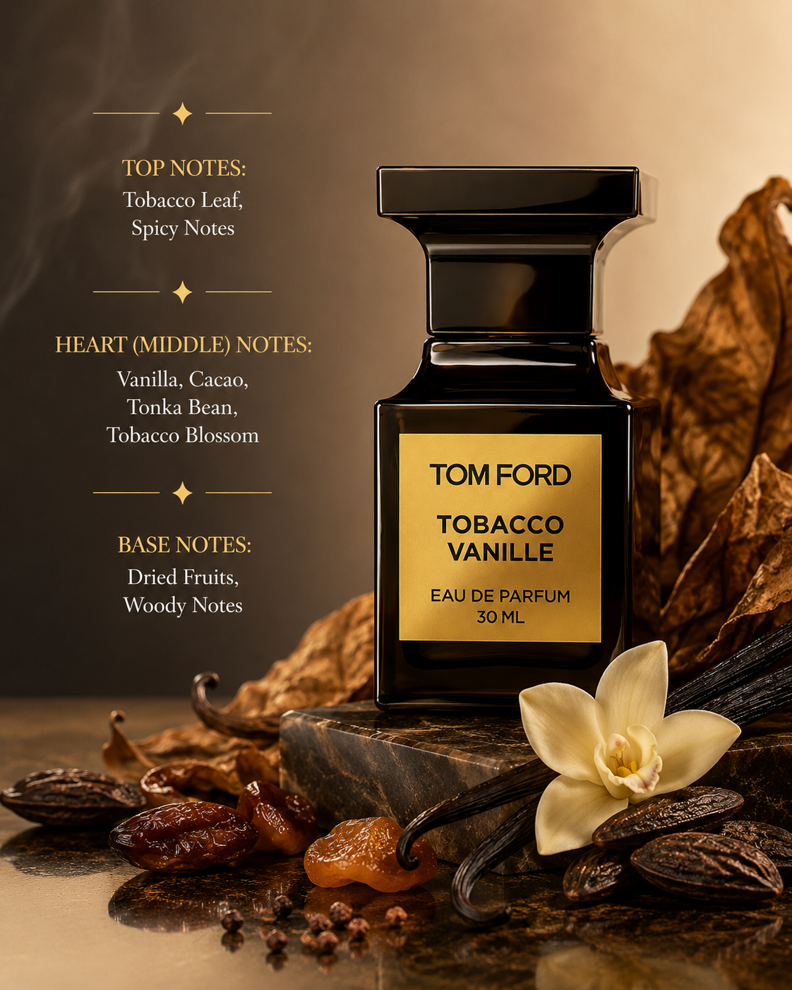 Tom Ford Tobacco Vanille Eau de Parfum presented in a luxurious, warm-toned composition on a polished dark stone pedestal, surrounded by dried tobacco leaves, Madagascar vanilla pods, tonka beans, cacao pods, dried fruits, subtle spices and rich woody accents, illuminated by soft golden light to evoke the fragrance's deep, warm, gourmand and sophisticated character.