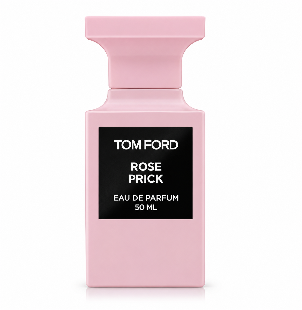 Tom Ford Rose Prick Eau de Parfum 50ml in an elegant matte pink rectangular bottle with a matching sculpted cap and contrasting black label featuring white lettering. A luxurious unisex floral spicy perfume from the Tom Ford Private Blend collection, photographed against a clean white background.