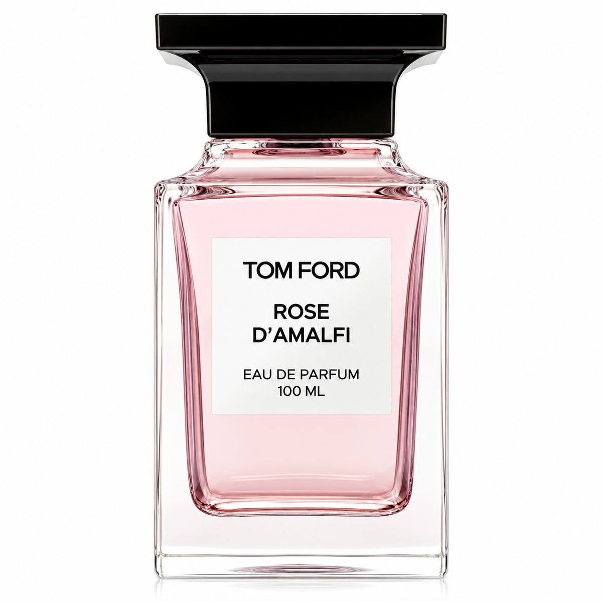 Tom Ford Rose d’Amalfi 100ml Eau de Parfum presented in a refined transparent glass bottle filled with delicate blush-pink fragrance, finished with a glossy black architectural cap and minimalist white Tom Ford label against a clean white background.
