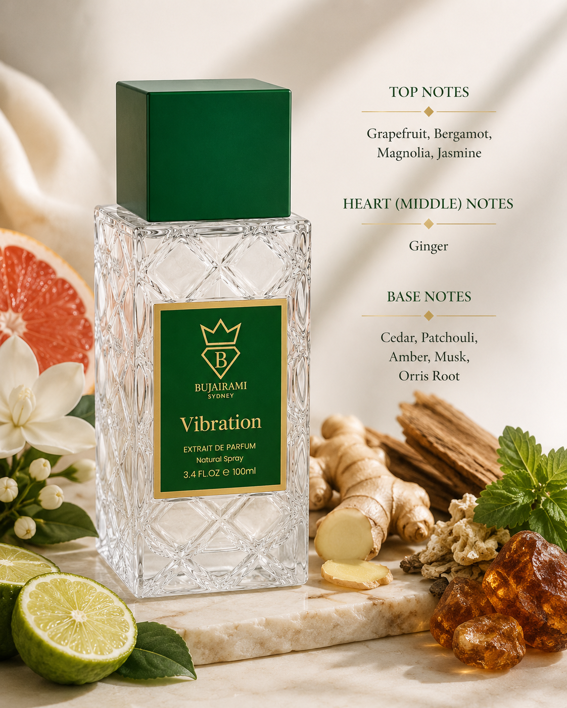 Bujairami Vibration Extrait de Parfum 100ml elegantly displayed on a premium marble surface in a luxurious setting surrounded by fresh grapefruit, bergamot, lime, delicate jasmine and magnolia blossoms, sliced ginger, cedarwood, patchouli, amber resin, soft musk-inspired elements and orris root, creating a vibrant, fresh and sophisticated atmosphere that perfectly reflects its luminous woody-citrus fragrance profile.