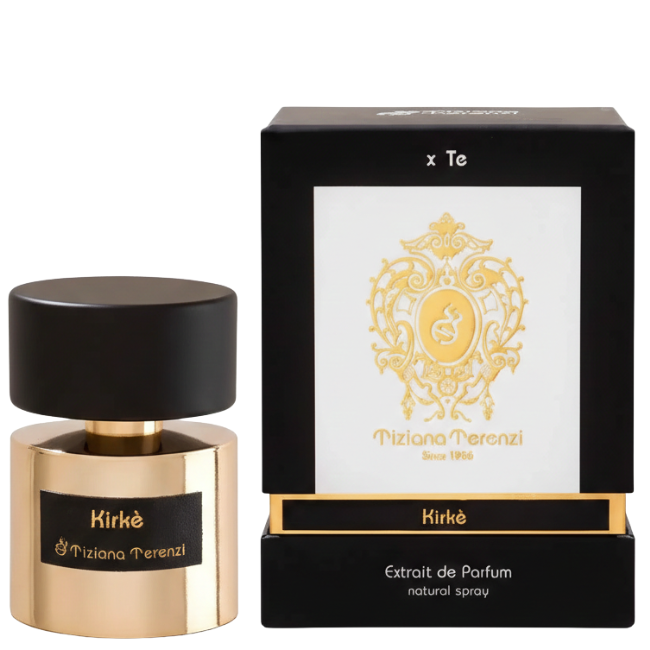 Tiziana Terenzi Kirke perfume bottle and packaging on a white background