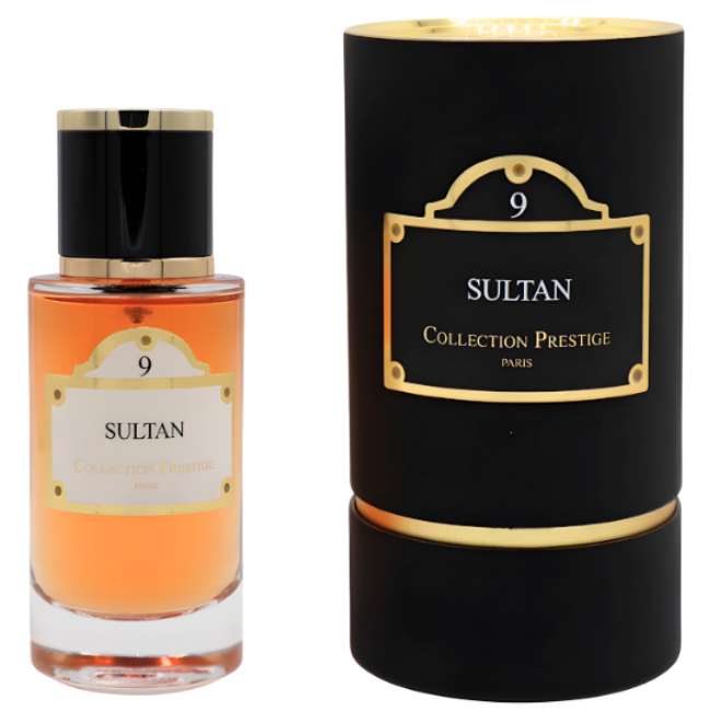 A cylindrical clear glass bottle of Sultan No. 9 from Collection Prestige Paris, displayed next to its tall, matte black cylindrical package featuring a matching gold-trimmed label.